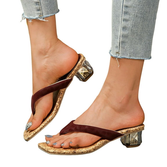 Womens Dress Flip Flops for Ladies Trendy Square Toe Clear Chunky Mid Heel Slides Sandals 2025 Summer