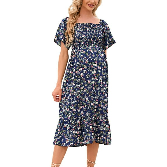 Womens Dress Floral Square Neck Midi Dresses Maternity Dress Pregnant Casual A-Line Dress Long Flowy Smocked Dress Classic Dailywear S