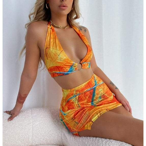 Womens Dress Geometric Print V-Neck Sleeveless One-Piece Halterneck Sundress