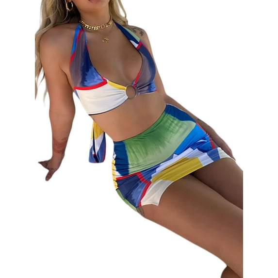 Womens Dress Geometric Print V-Neck Sleeveless One-Piece Halterneck Sundress