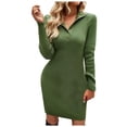 thumbnail image 1 of Womens Dress Long Sleeve Dress for Women Rib Knit Pullover Button up V Neck Lapel Sweater Dress Solid Color Tight Knee Length Dress, 1 of 6