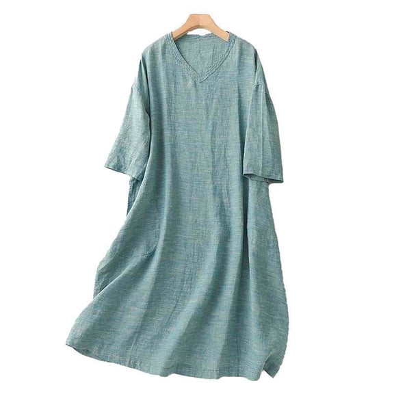 Womens Dress Ndbuld Women's French Ramie V-neck Suspender With Elegant Bottom Long Dress Loose Fitting Dress Holiday Gift Finder Green XL