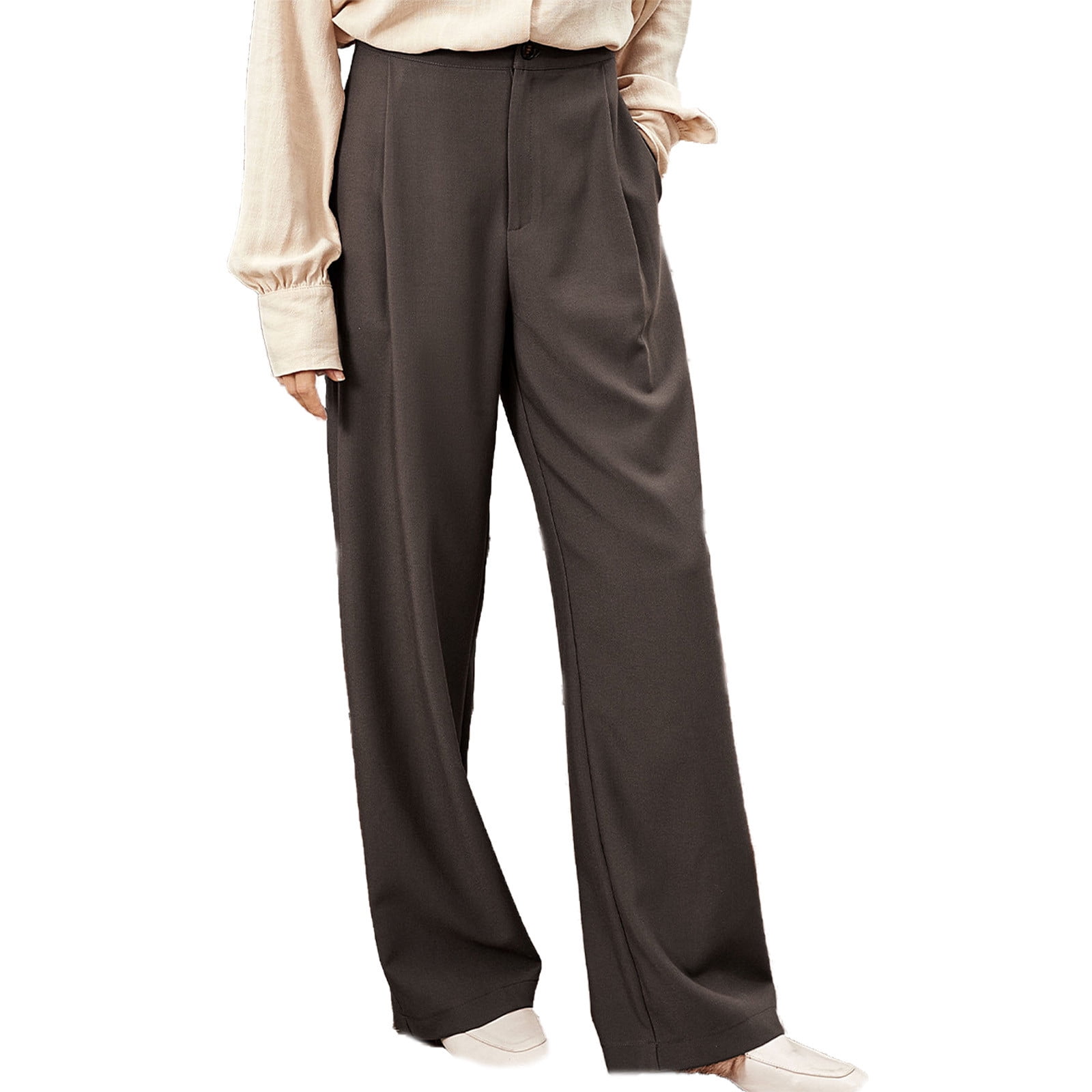 Brglopf Women's Dress Pants High Waist Pull-on Stretchy Pants Solid Color  Straight Wide Leg Slacks with Pockets for Business Casual 
