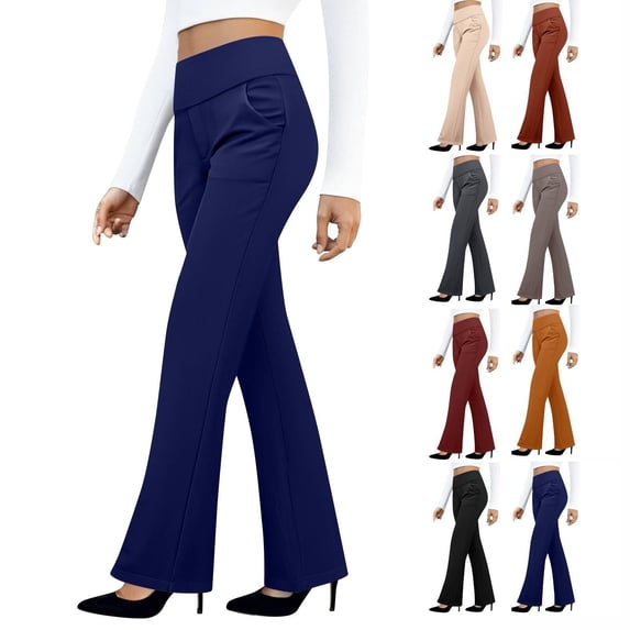Womens Dress Pants High Waist Stretchy Pull On Work Trouser Business Casual Office Slack with Pockets Bootcut Flare Leg Dark Blue XL