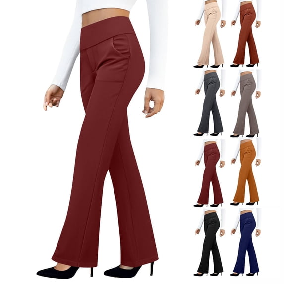 Womens Dress Pants High Waist Stretchy Pull On Work Trouser Business Casual Office Slack with Pockets Bootcut Flare Leg Deep Red 2XL