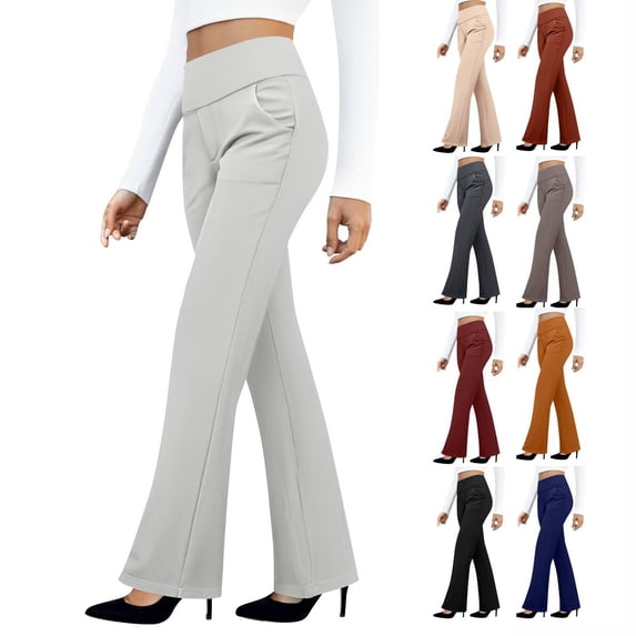 Womens Dress Pants High Waist Stretchy Pull On Work Trouser Business Casual Office Slack with Pockets Bootcut Flare Leg White M