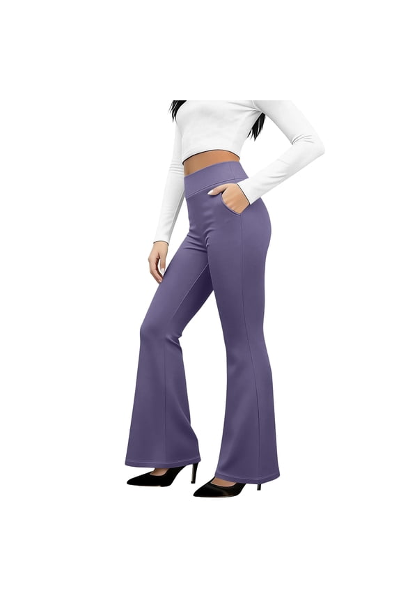 Womens Dress Pants High Wasited Bootcut Office Work Pants Soft Stretchy Trouser Style Yoga Pants with Pockets Slacks Purple 2XL