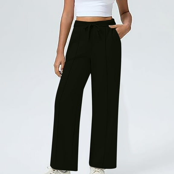 Womens Dress Pants Plus Size New Women's High Waisted Drawstring Wide Leg Sweatpants with Pockets Casual Loose Yoga Pants Black L