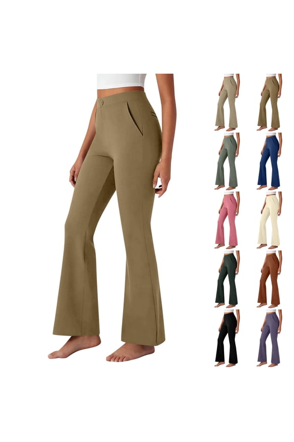 Womens Dress Pants Stretchy Business Casual Flare Trousers Petite Lightweight Pull On Office Slacks with Pockets (Light Brown,S)