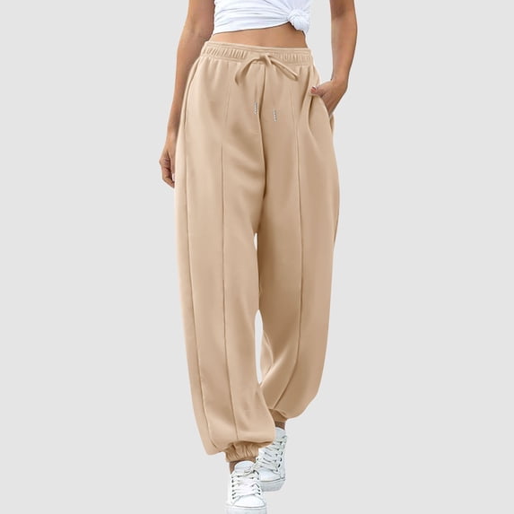 Womens Dress Pants Stretchy New Womens Sweatpants with Pockets High Waisted Drawstring Joggers Pants Loose Baggy Workout Gym Trousers Khaki L