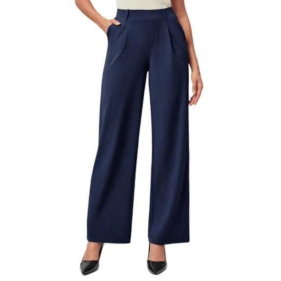Womens Dress Pants Wide Leg Pull On Work Pants Women Stretchy High Waisted Business Casual Trousers Slacks with Pockets Dark Blue 2XL