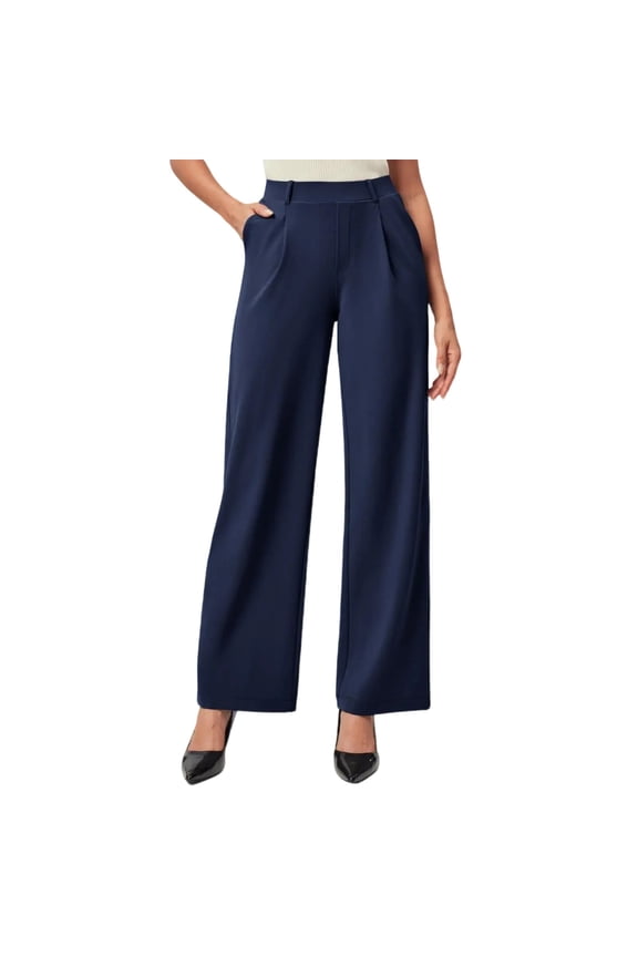 Womens Dress Pants Wide Leg Pull On Work Pants Women Stretchy High Waisted Business Casual Trousers Slacks with Pockets Dark Blue 2XL