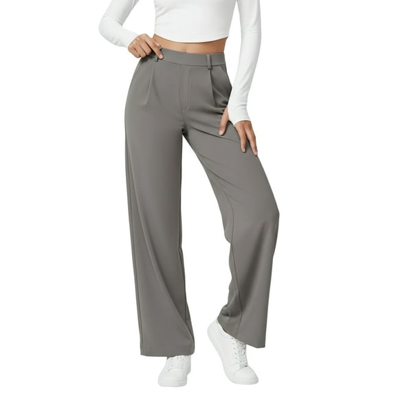 Womens Dress Pants Wide Leg Pull on Stretchy Work Pants Women Business Casual Trousers with Pockets Gray L