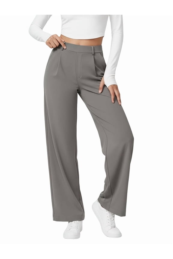 Womens Dress Pants Wide Leg Pull on Stretchy Work Pants Women Business Casual Trousers with Pockets Gray L