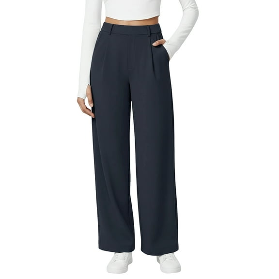Womens Dress Pants Wide Leg Pull on Stretchy Work Pants Women Business Casual Trousers with Pockets Navy Blue S