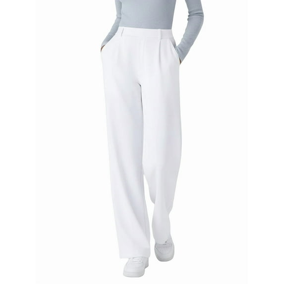 Womens Dress Pants Wide Leg Pull on Stretchy Work Pants Women Business Casual Trousers with Pockets White S