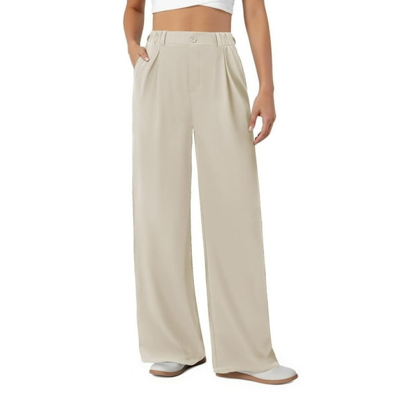 Womens Dress Pants Wide Leg Stretchy Work Pants with Pockets Elastic Waist Pleated Front Business Casual Slacks Khaki L