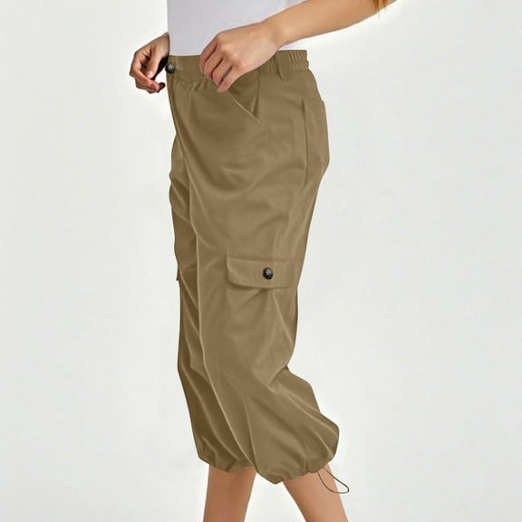 Womens Dress Pants Women's Solid Mid-Rise Elastic Waistband Multiple Pockets Foot Drawstring Button Outdoors Cargo Pants Brown L