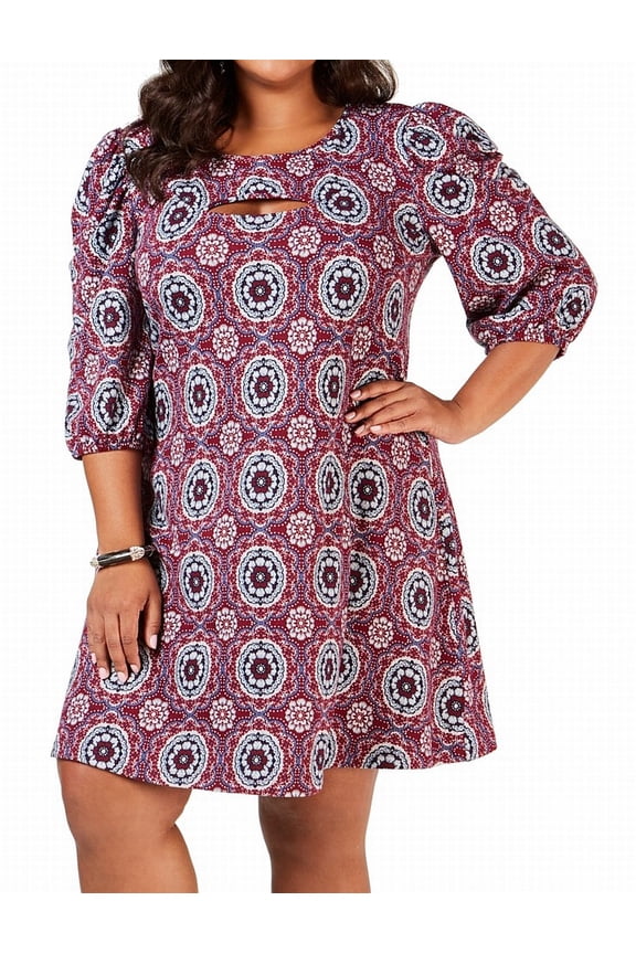 Womens Dress Plus Print Puff-Sleeve Cutout 3XP