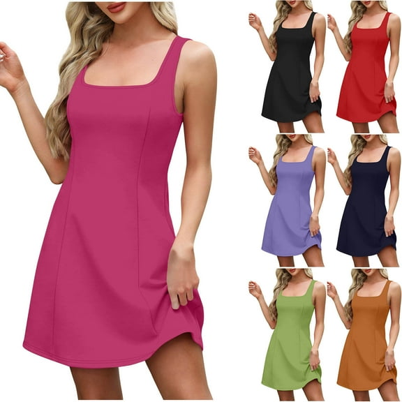Womens Dress Plus Size Sleeveless Square Neck Camisole Dress Summer Mini A-Line Beach Sundresses Brown XXL