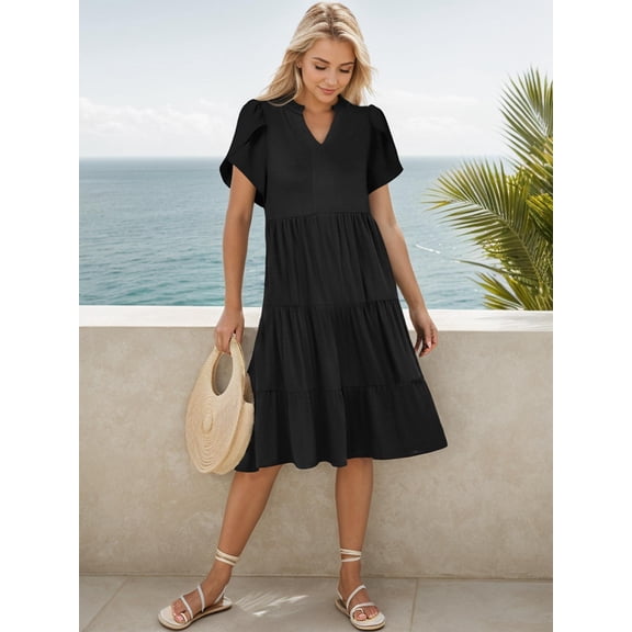 Womens Dress Ruffle Sleeve V Neck Midi Dresses Fashion Casual Fit Boho Beach Vacation Sundress