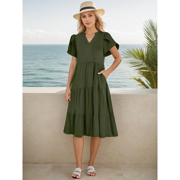 Womens Dress Ruffle Sleeve V Neck Midi Dresses Fashion Casual Fit Boho Beach Vacation Sundress