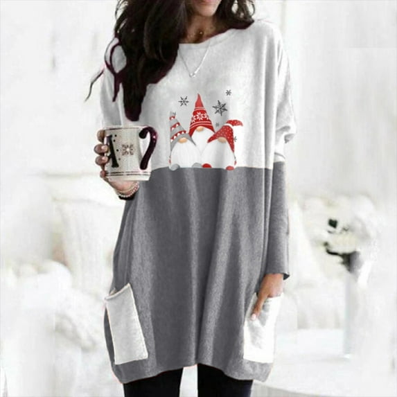 Womens Dress Shirts Christmas Long Sleeve Tops Santa Printed Pullover Loose Plus Size T-Shirt Blouse With Pockets