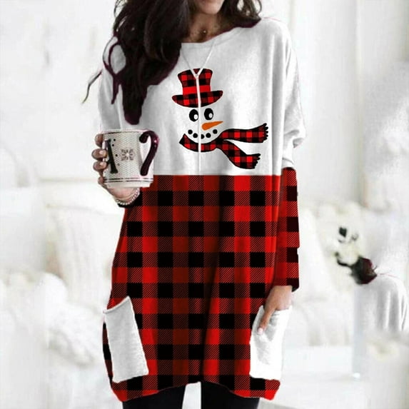 Womens Dress Shirts Christmas Long Sleeve Tops Santa Printed Pullover Loose Plus Size T-Shirt Blouse With Pockets