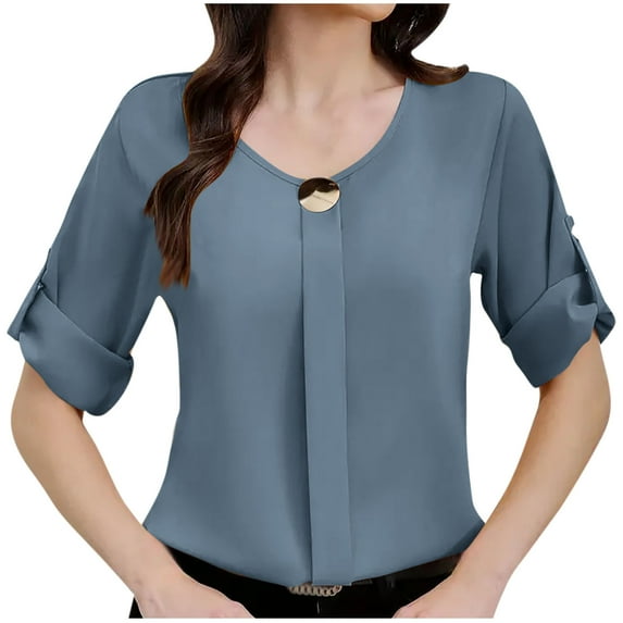 Womens Dress Shirts Fashion Solid Color Button Crewneck Long Sleeves Loose Comfy Casual Tees Blouses & Shirt Tops Blue XX-Large