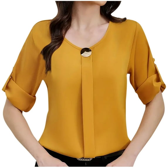 Womens Dress Shirts Fashion Solid Color Button Crewneck Long Sleeves Loose Comfy Casual Tees Blouses & Shirt Tops Yellow Medium