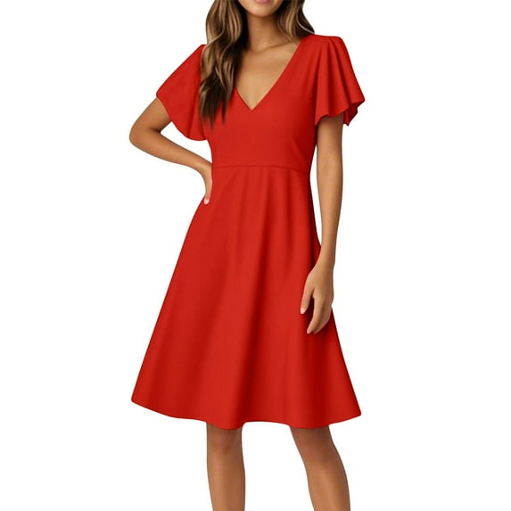 Womens Dress Shirts, Formal Flared Short Sleeve Casual Solid Color V Neck A Line Dresses Baby Shower Swimdress For Women Indian Dresses 2024 Modest Cottagecore Dress (XL, Red) ZMTing