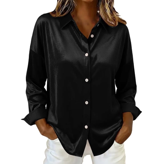 Womens Dress Shirts Vintage Button Down Satin Shirt Solid Long Sleeve Shirt Casual Blouse Office Work Tops Black M