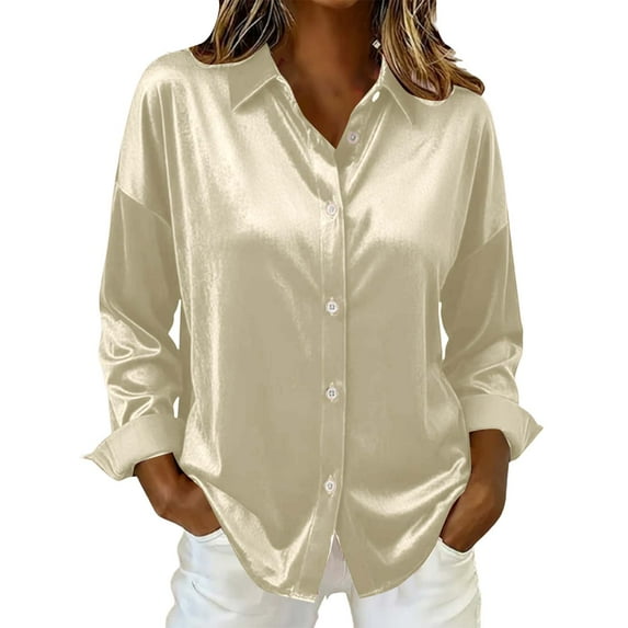 Womens Dress Shirts Vintage Button Down Satin Shirt Solid Long Sleeve Shirt Casual Blouse Office Work Tops Khaki S