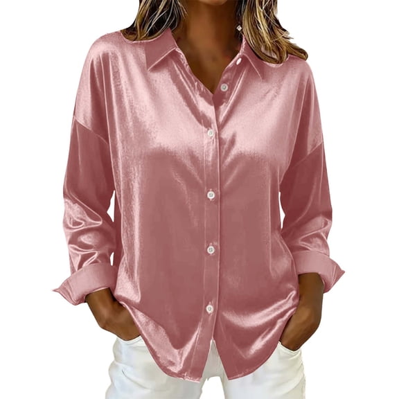 Womens Dress Shirts Vintage Button Down Satin Shirt Solid Long Sleeve Shirt Casual Blouse Office Work Tops Pink M
