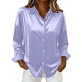 thumbnail image 1 of Womens Dress Shirts Vintage Button Down Satin Shirt Solid Long Sleeve Shirt Casual Blouse Office Work Tops Purple S, 1 of 7