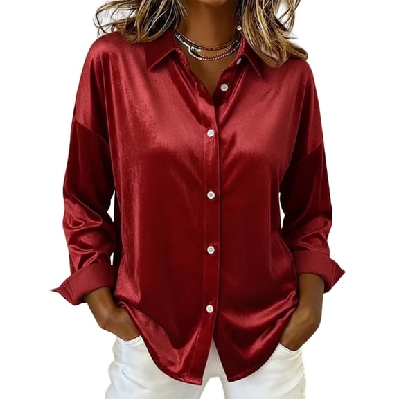 Womens Dress Shirts Vintage Button Down Satin Shirt Solid Long Sleeve Shirt Casual Blouse Office Work Tops Wine L