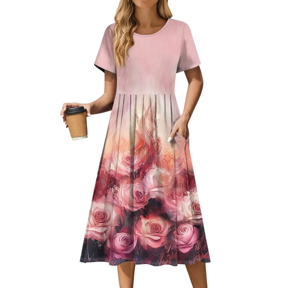 Womens Dress Short Sleeves Gown Slim Fit Dress Floral Print Round Neck Pocket Midi Dress Fashion Spring Summer A- Line Skirt Polyester Fabric Elegant Commute Style Party Dresses Pink S