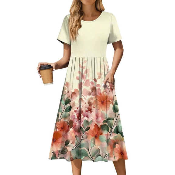 Womens Dress Short Sleeves Gown Slim Fit Dress Floral Print Round Neck Pocket Midi Dress Fashion Spring Summer A- Line Skirt Polyester Fabric Elegant Commute Style Party Dresses Yellow XL