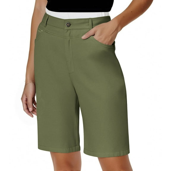 Womens Dress Shorts High Waist Work Twill Shorts with Pocket Straight Leg Casual Office Business Bermuda Short Army Green, 2XL
