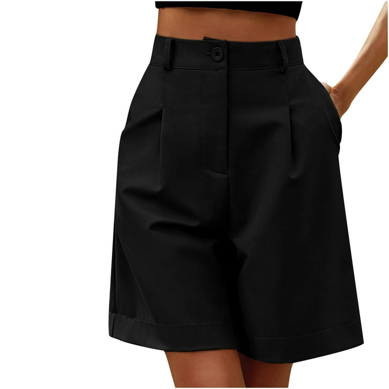 Womens Dress Shorts with Pockets Casual Solid Wide Leg Soft Loose Pleated Ladies High Waisted Formal Business Knee Length Bermuda Short Christmas