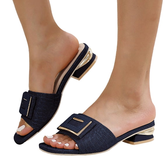 Womens Dress Slides Sandals 2025 Fashion Buckle Square Toe Chunky Low Heel Dressy Slippers for Ladies