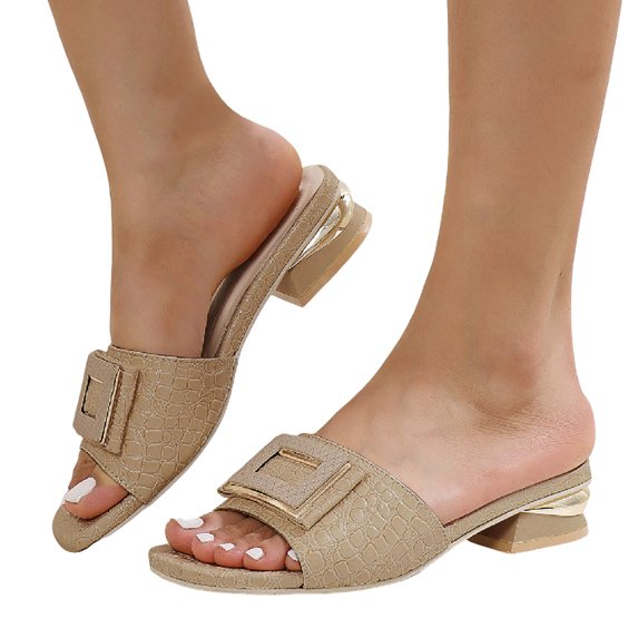 Womens Dress Slides Sandals 2025 Fashion Buckle Square Toe Chunky Low Heel Dressy Slippers for Ladies