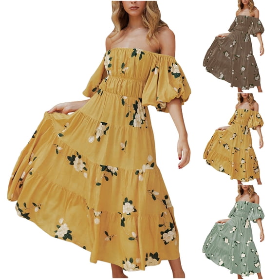 Womens Dress Slimming off Shoulder Backless Puff Sleeve Tiered Midi Dress Summer Beach Casual Going out Sundress