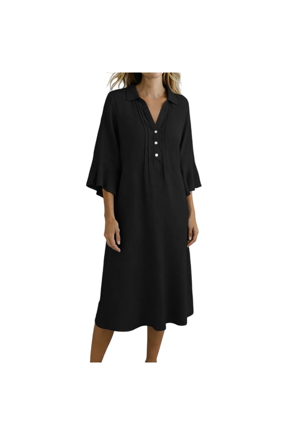 Womens Dress Solid Color Loose fit Button Down 3/4 Sleeve Long Maxi Dress Cotton Linen Caftan with Pockets Black