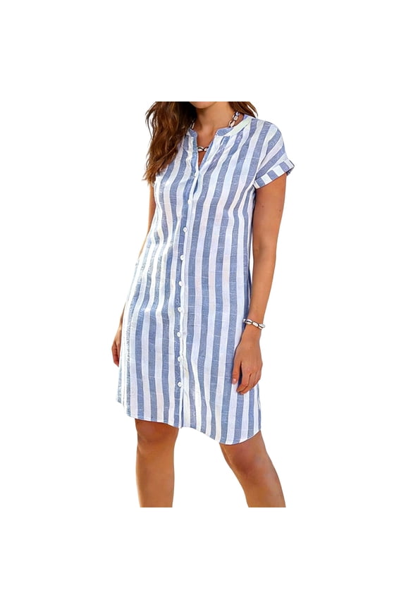 Womens Dress Summer Casual Midi Short Sleeve Button Down Shirt Dresses Loose Beach Cover Up