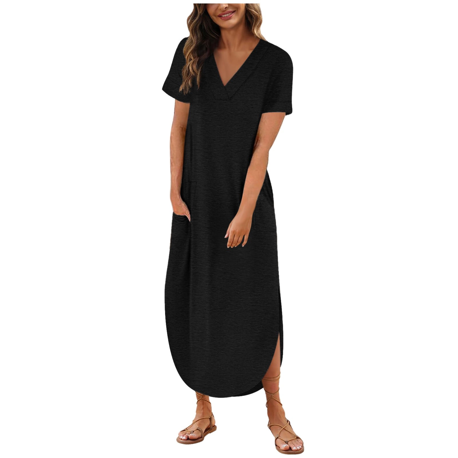 Short Sleeve Flowy Dress YUNDAI Women's Short Sleeve Flowy Midi Dress - Casual  Pleated Dress With Pockets, Rose Black YUNDAI Rose Black Dress