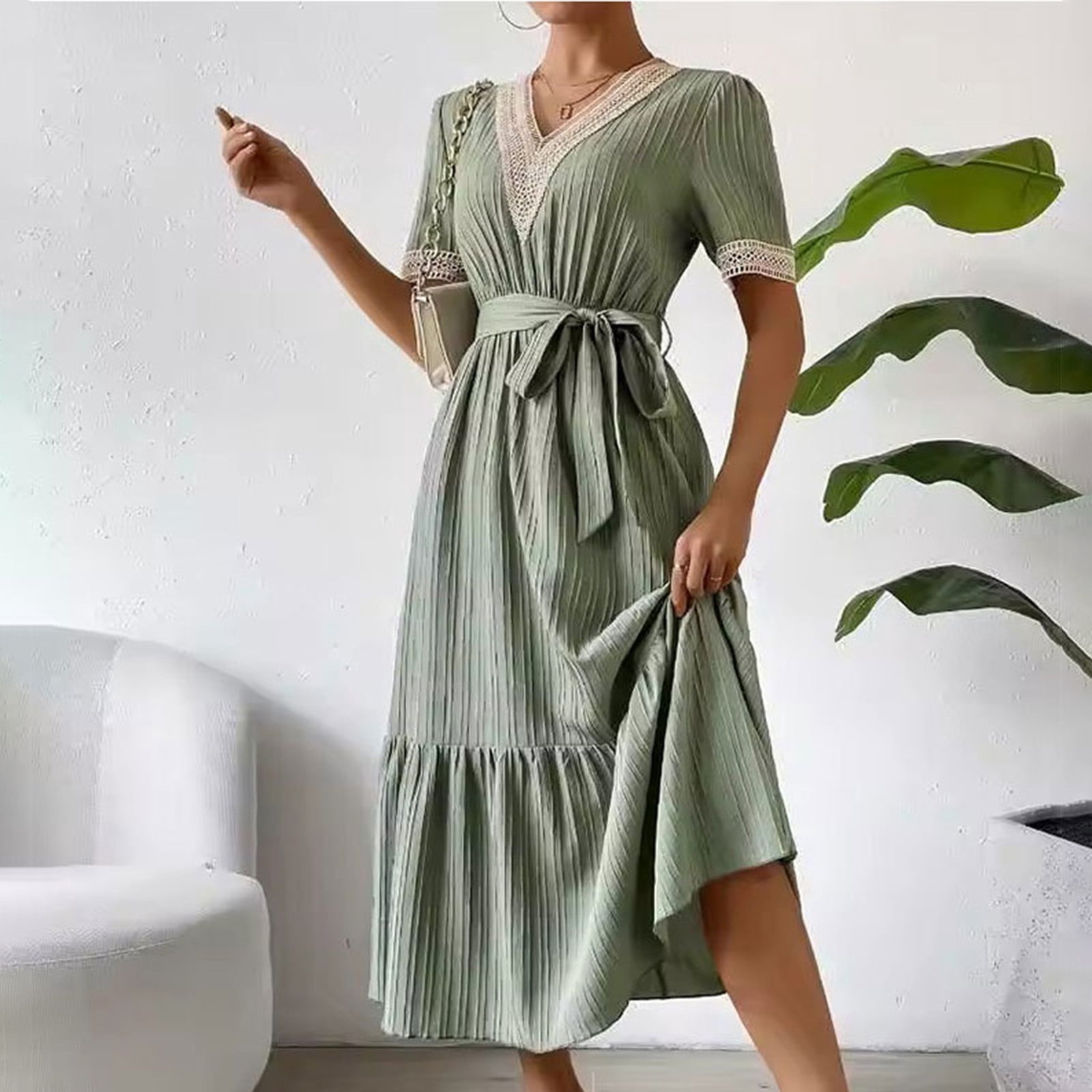 Womens Dress Women's European And Vacation Wind Leaf Sleeve Short Sleeved  Romantic Lace Collar Dress Short Sleeved-neck And Ankle Dress Summer Dresses  for Women 2025 Green XL - Walmart.com
