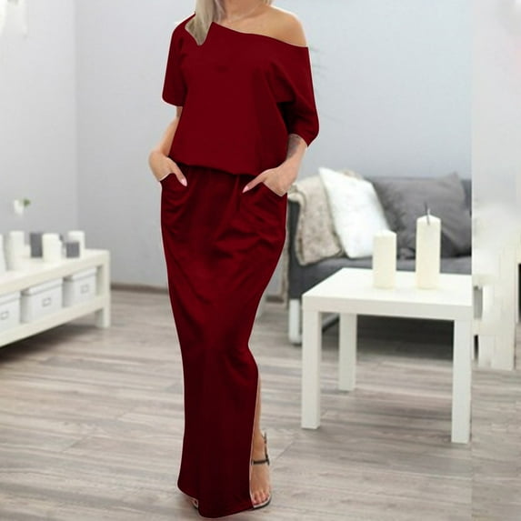 Womens Dress Women's Solid Color Short Sleeved One Line Collar And Ankle Casual Pocket Summer Dress Womens Summer Dresses Wine XL