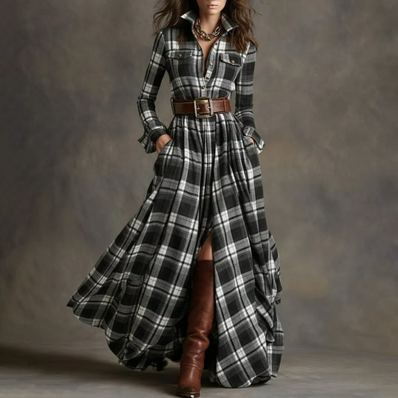 Womens Dress for Christmas New Women's Plaid Irregular Long Sleeved Collared Button up Shirt Jacket Dress with Belt Style B-73 Black S
