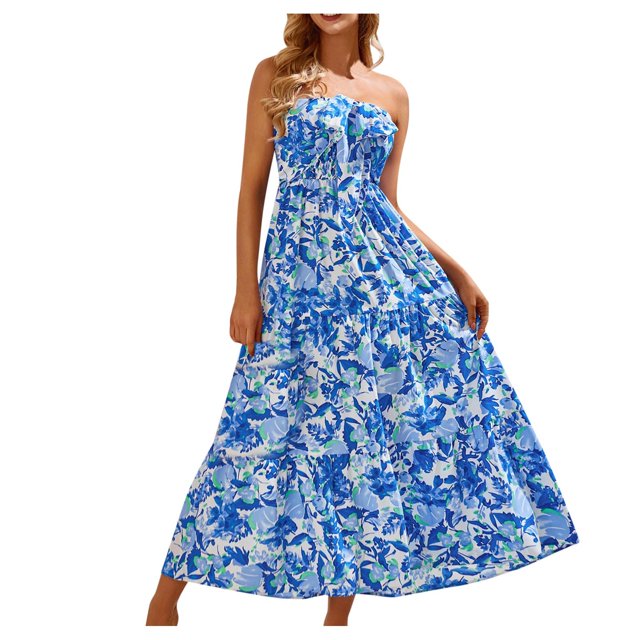 Womens Dresses 2024 Summer Boat Neck Sleeveless Blue And White Print